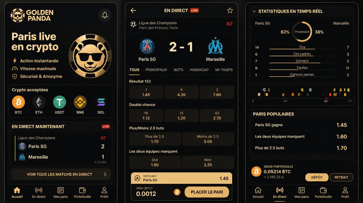 Interface avec pari en direct crypto et visuel dynamique en français