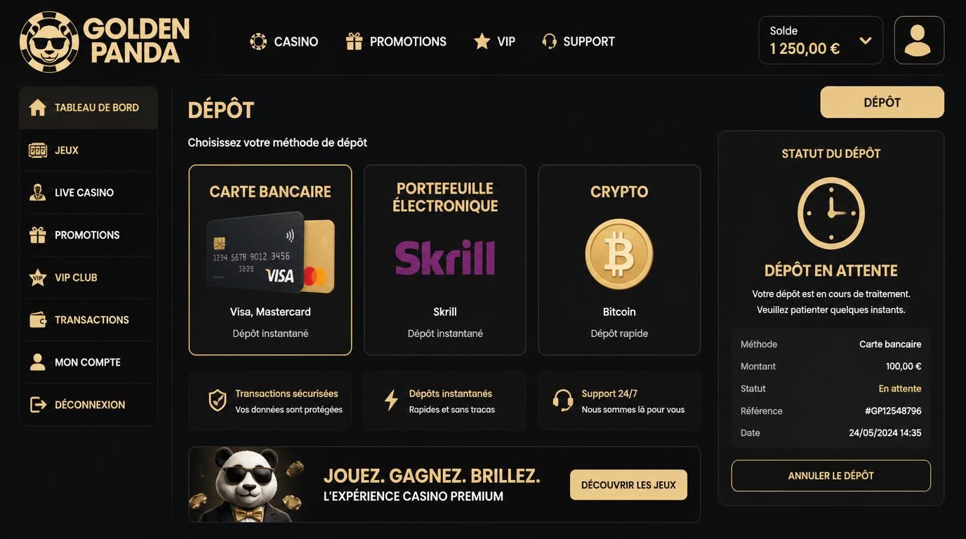 Image montrant diverses méthodes de dépôt disponibles sur GoldenPanda cartes, e-wallets et crypto