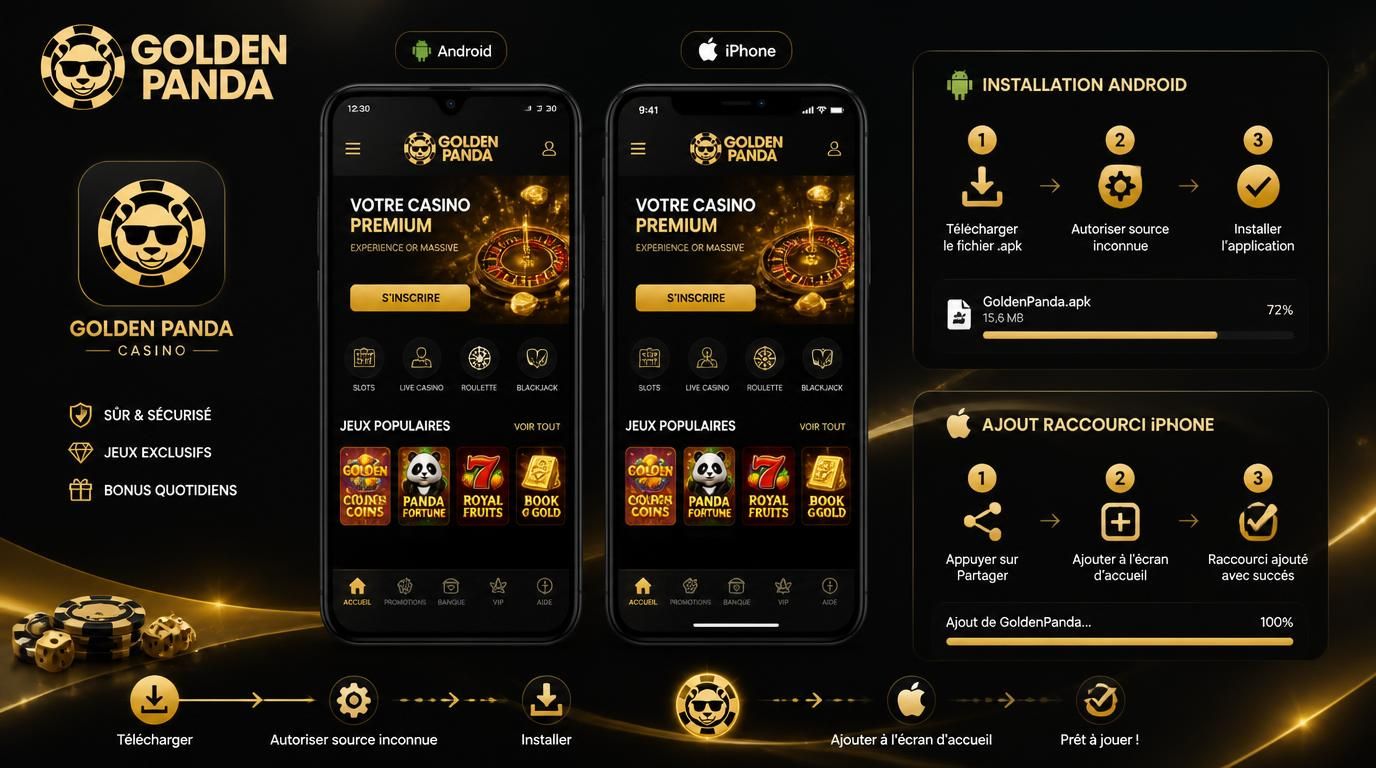 mobiles Android et iPhone affichant installation de l’app Golden Panda en France