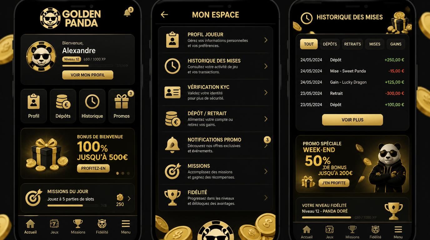tableau de bord compte joueur GoldenPanda sur mobile
